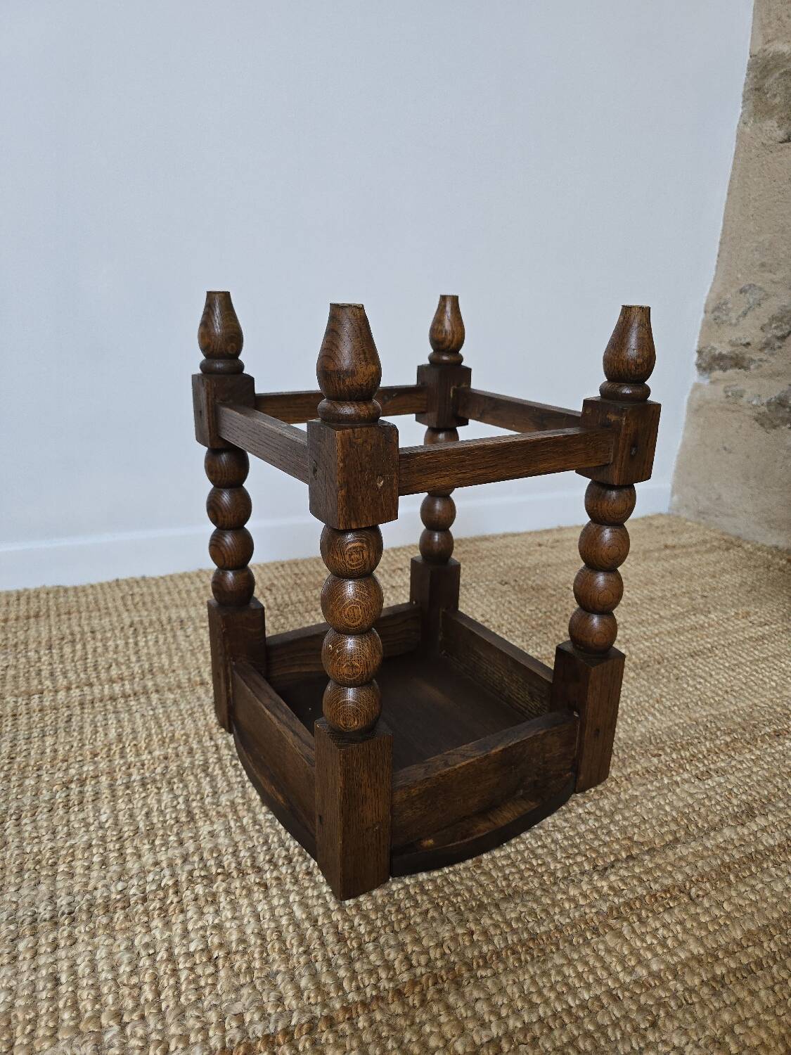 Pair of brutalist stools in turned wood, Charles Dudouyt style, 1950s