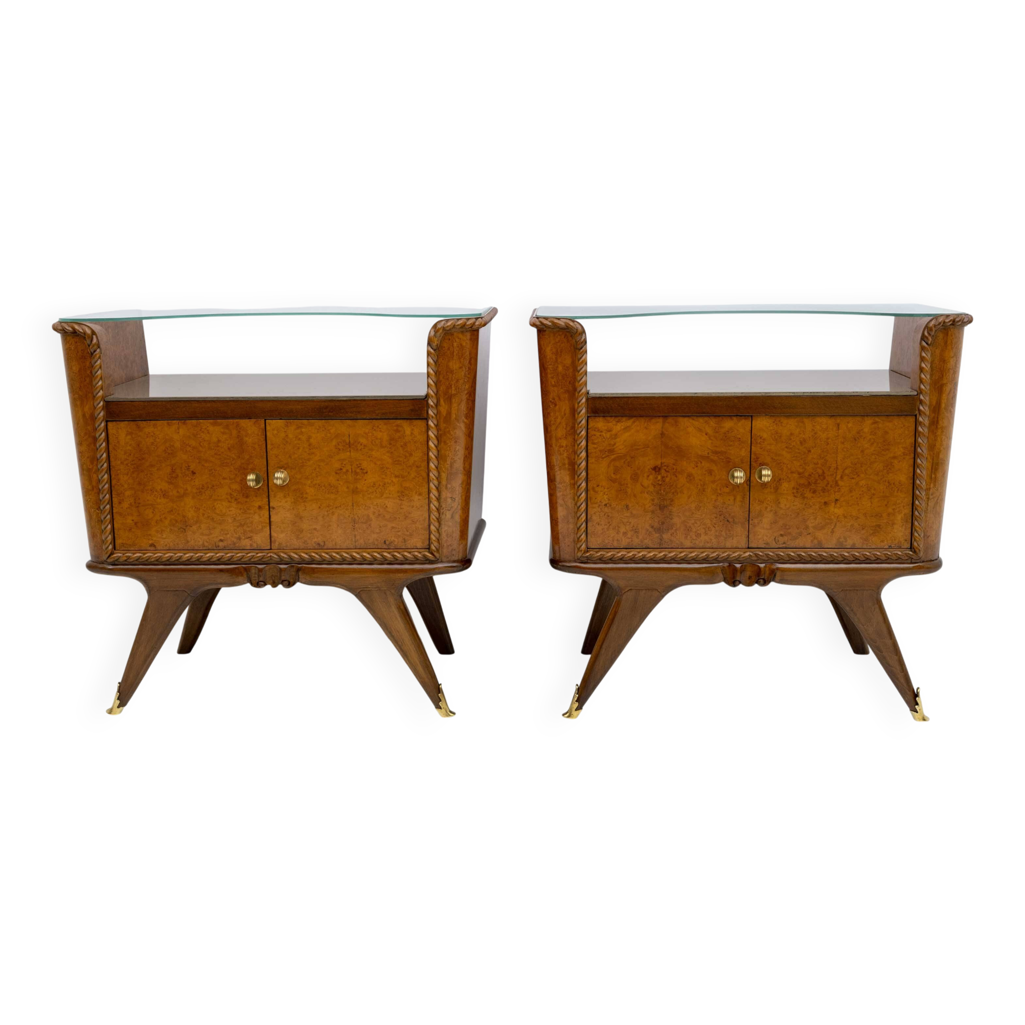 Pair of Art Deco Italian Briar Walnut Bedside Tables, 1930s