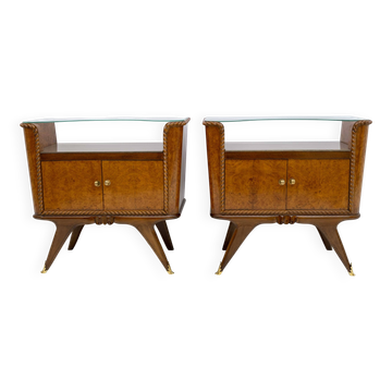 Pair of Art Deco Italian Briar Walnut Bedside Tables, 1930s