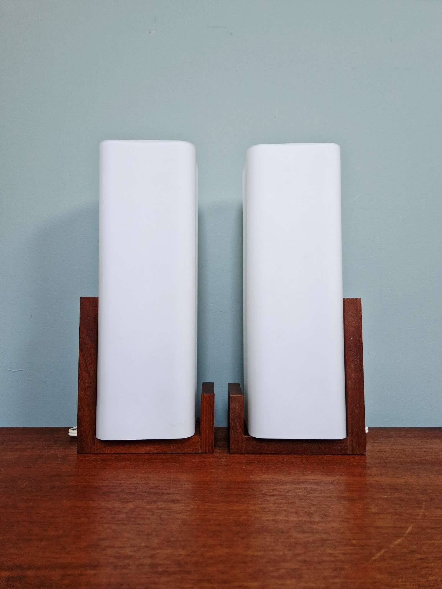 Pair of teak and white opaline wall lights, designed by Louis Kalff, 1960