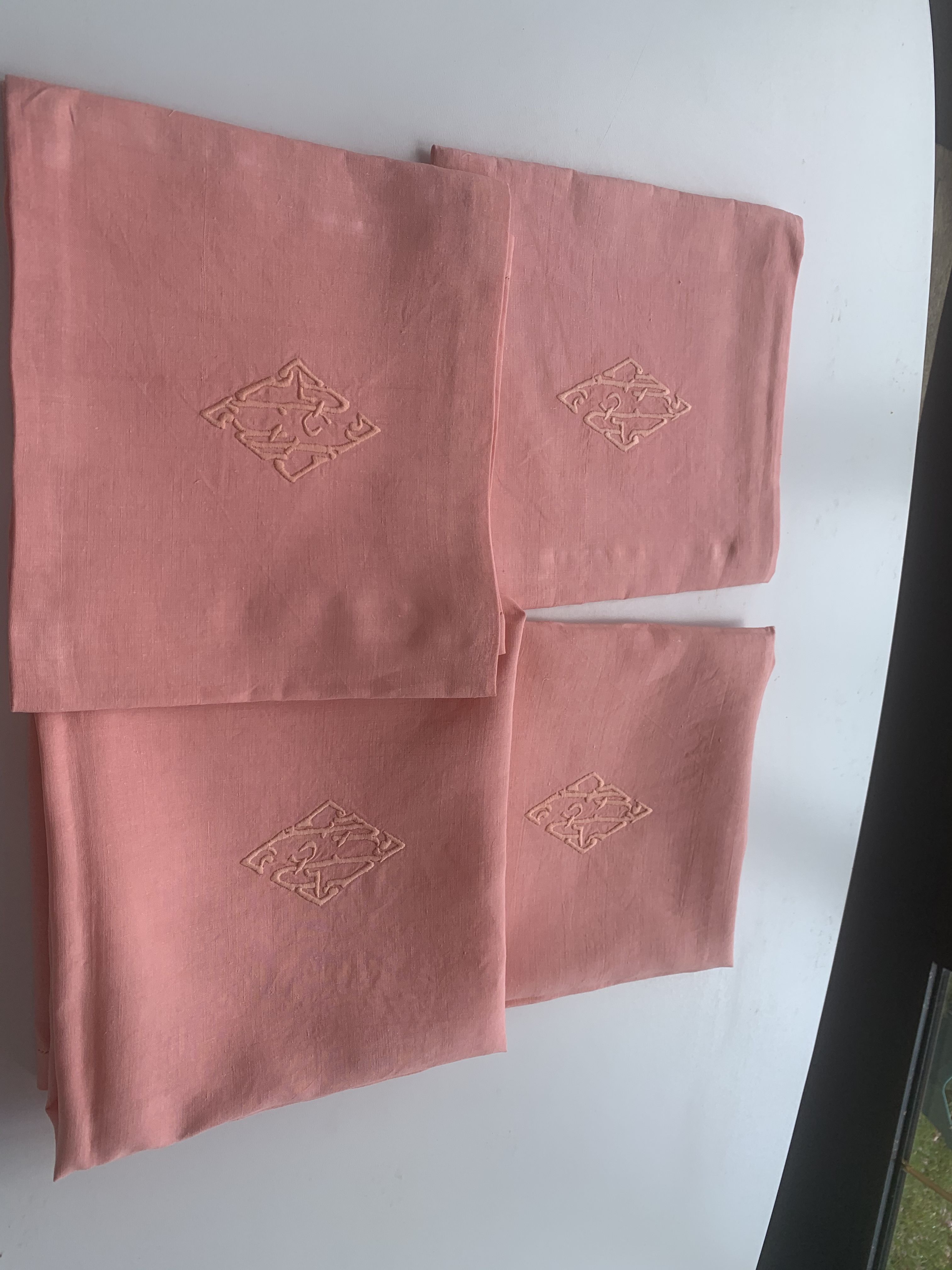 4 linen towels tinted vintage pink, AG monogram edge with beautiful times days