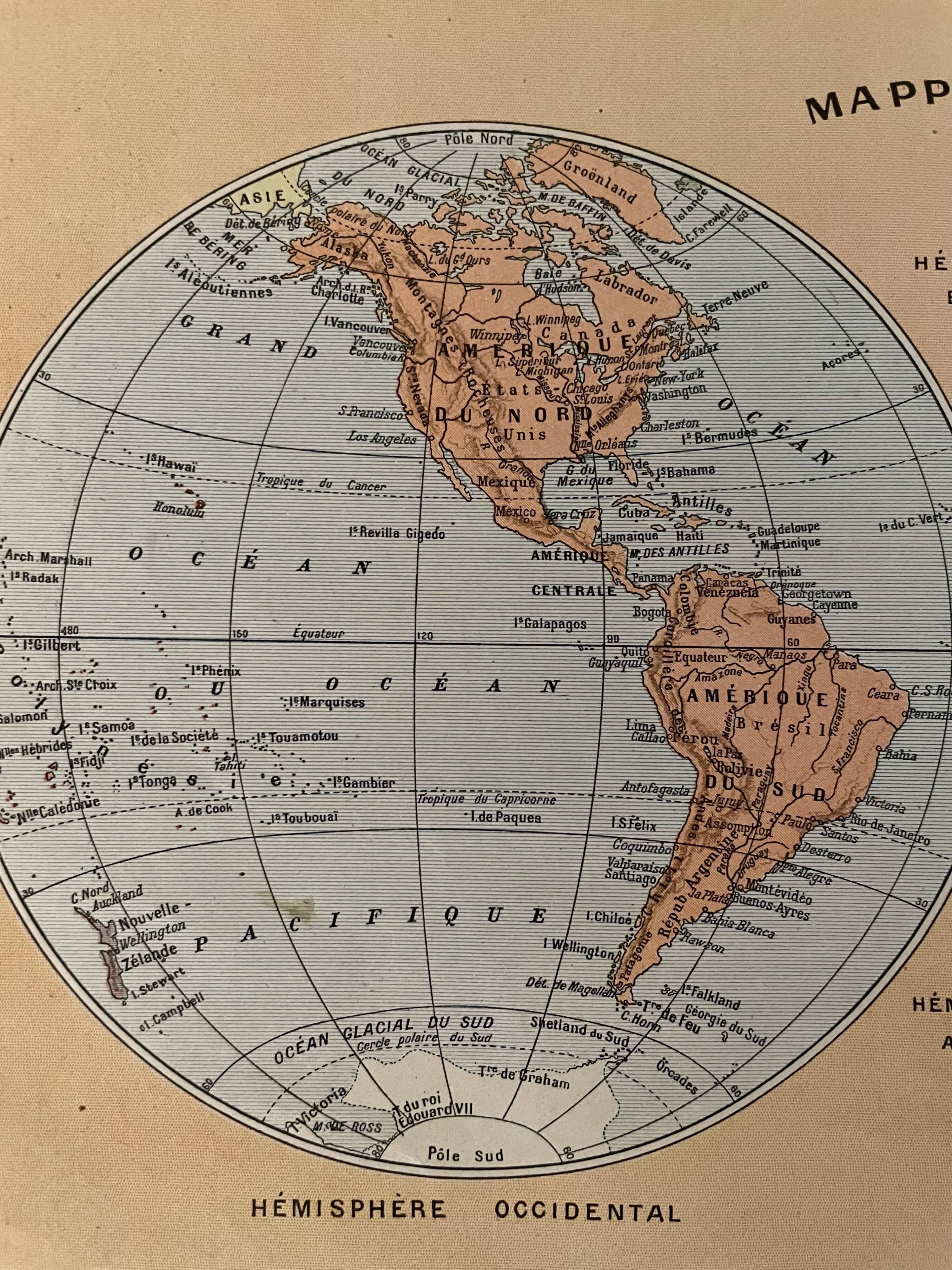 Lithograph engraving world map of 1922