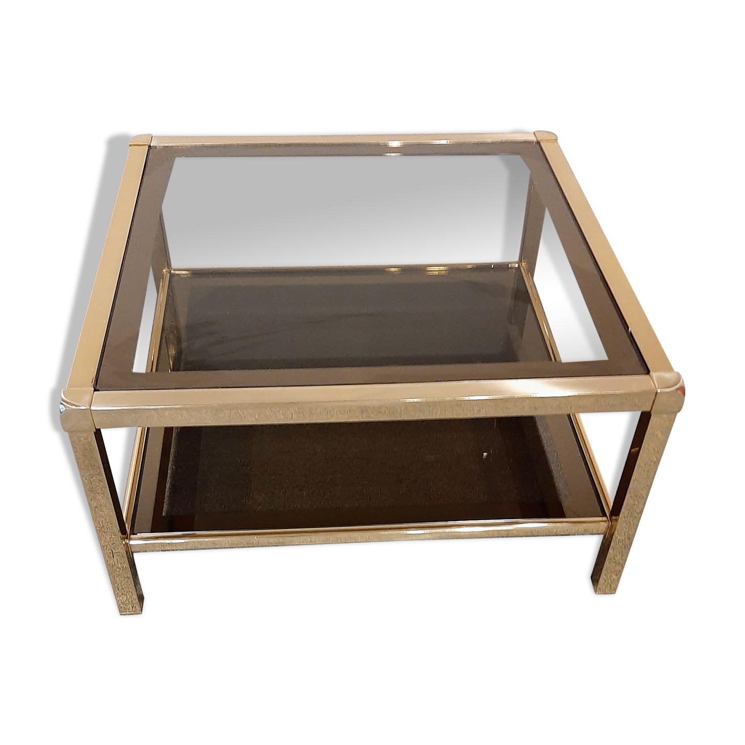 Vintage coffee table in smoked glass and brass 1970