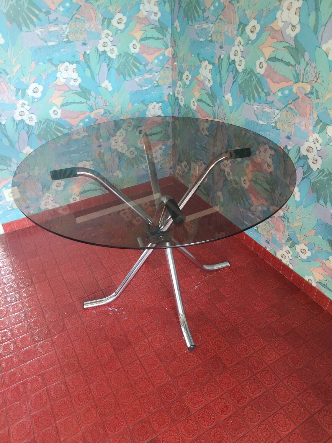 Vintage round table in smoked glass and chrome steel – 1970s design