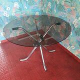 Vintage round table in smoked glass and chrome steel – 1970s design