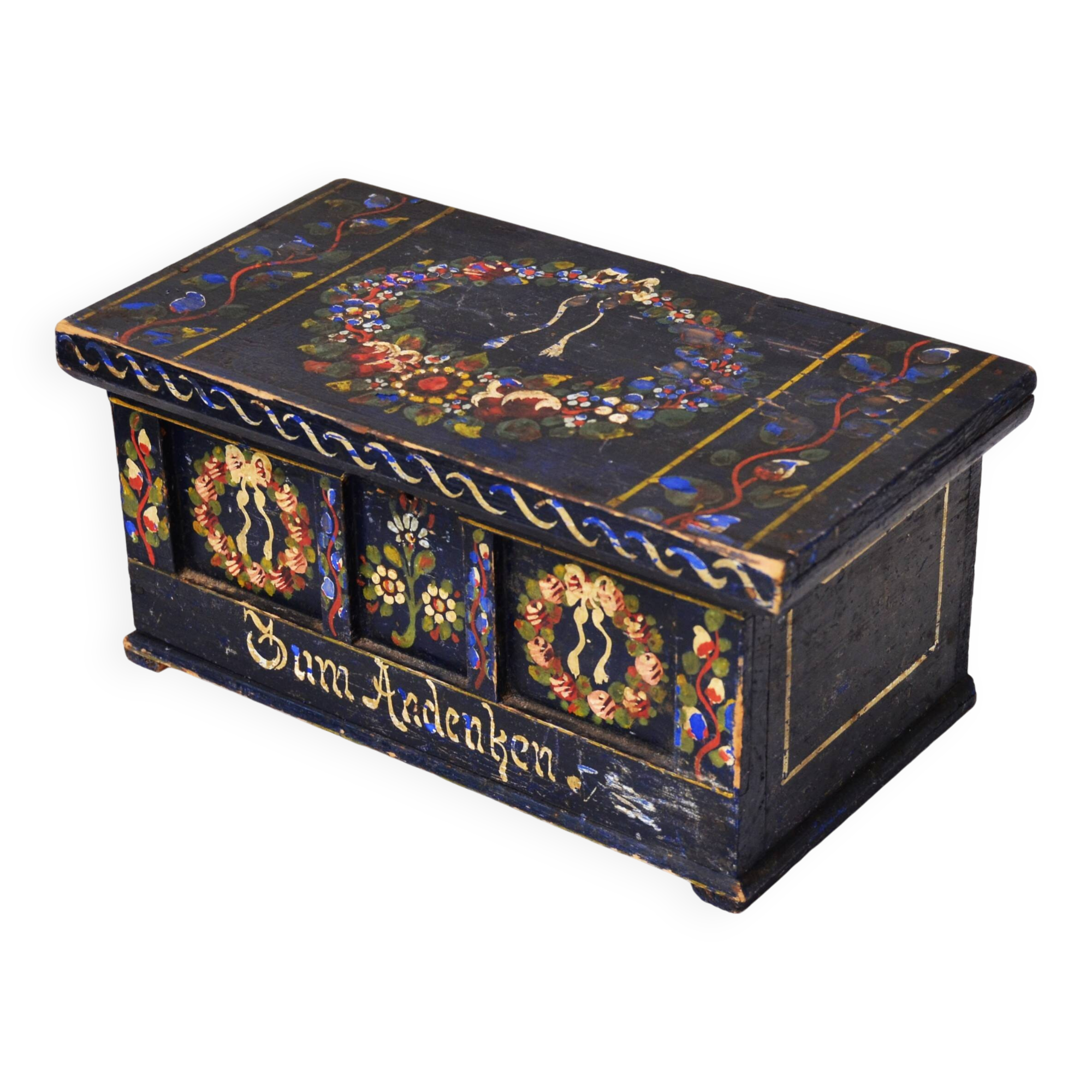 Coffret en bois peint à la main, art populaire antique, mariée, fin du 19e siècle