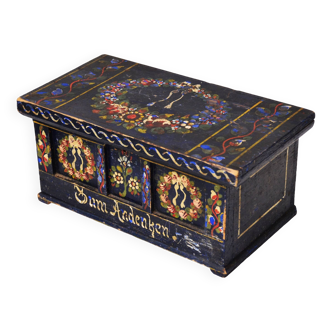 Coffret en bois peint à la main, art populaire antique, mariée, fin du 19e siècle