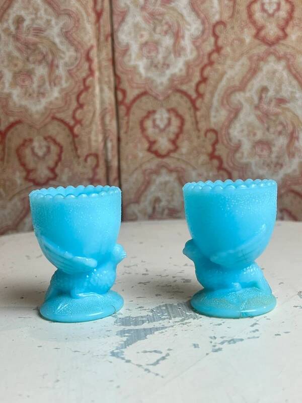 Pair of blue opaline egg cups signed SV Schmid Glassworks