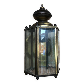 Old Golden Metal Lantern Wall Lamp + 5 Vintage Beveled Glasses