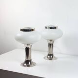 Pair of vintage futuristic style table lamps in chrome and opal glass.