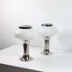 Pair of vintage futuristic style table lamps in chrome and opal glass.