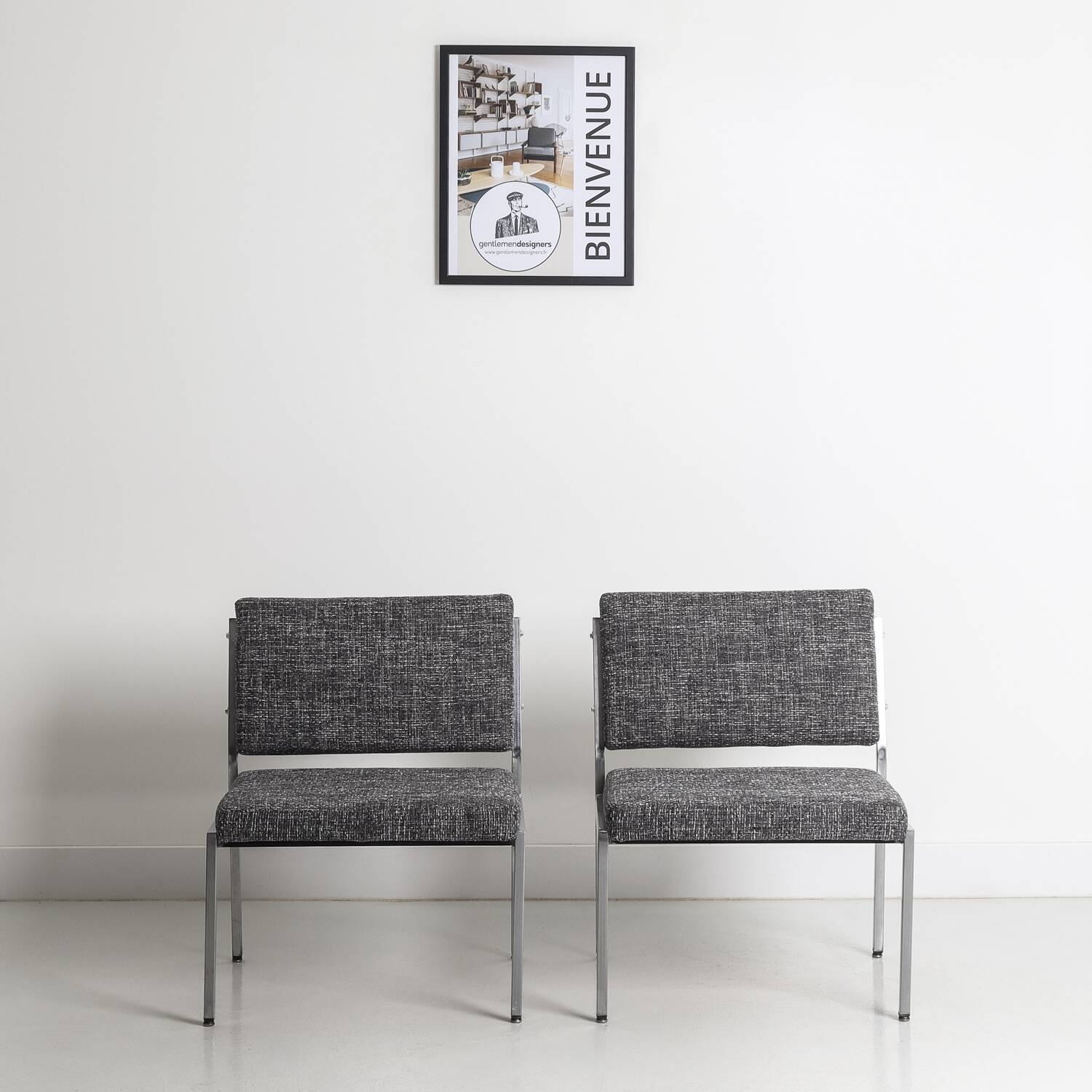 Pair of vintage armchairs in metal and gray fabric, renovated