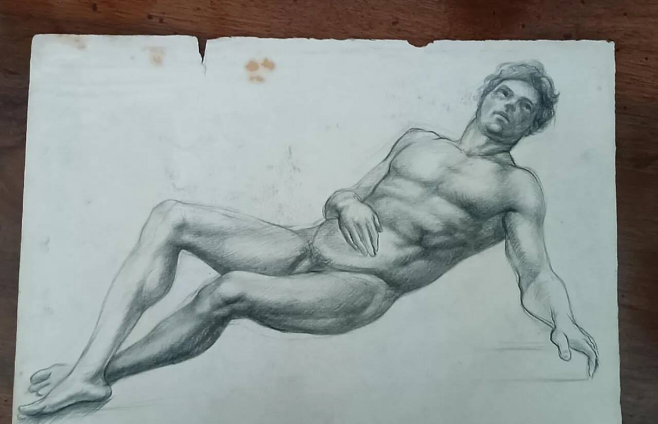 Drawing of a male nude, pencil on paper, Tuscan school, 19th century