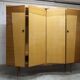 1960s Scandinavian wardrobe, blonde varnished wood, unusual, 4 doors, 3 drawers, 7 shelves.