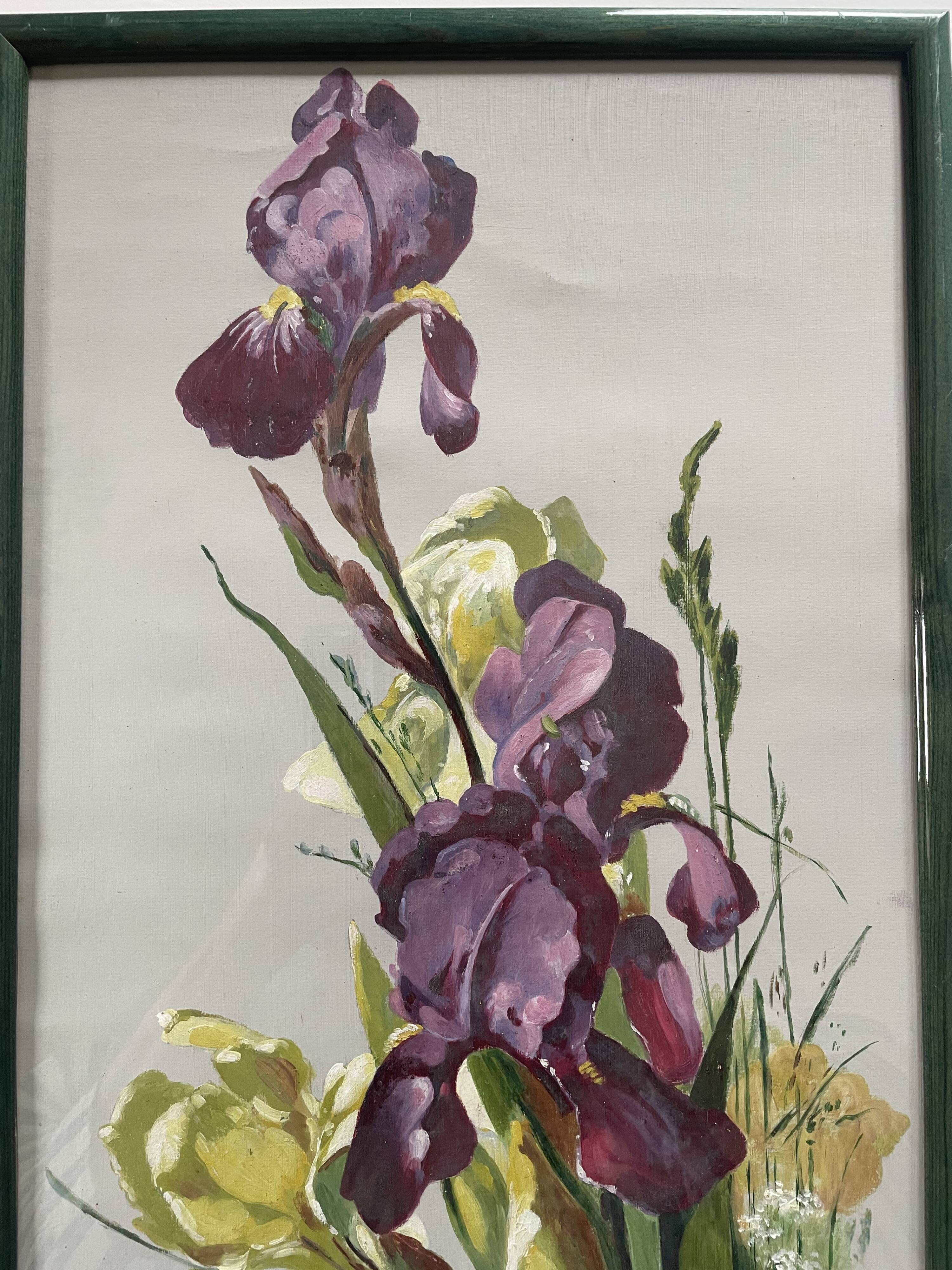 Old oil painting on paper – Bouquet of irises – Framed