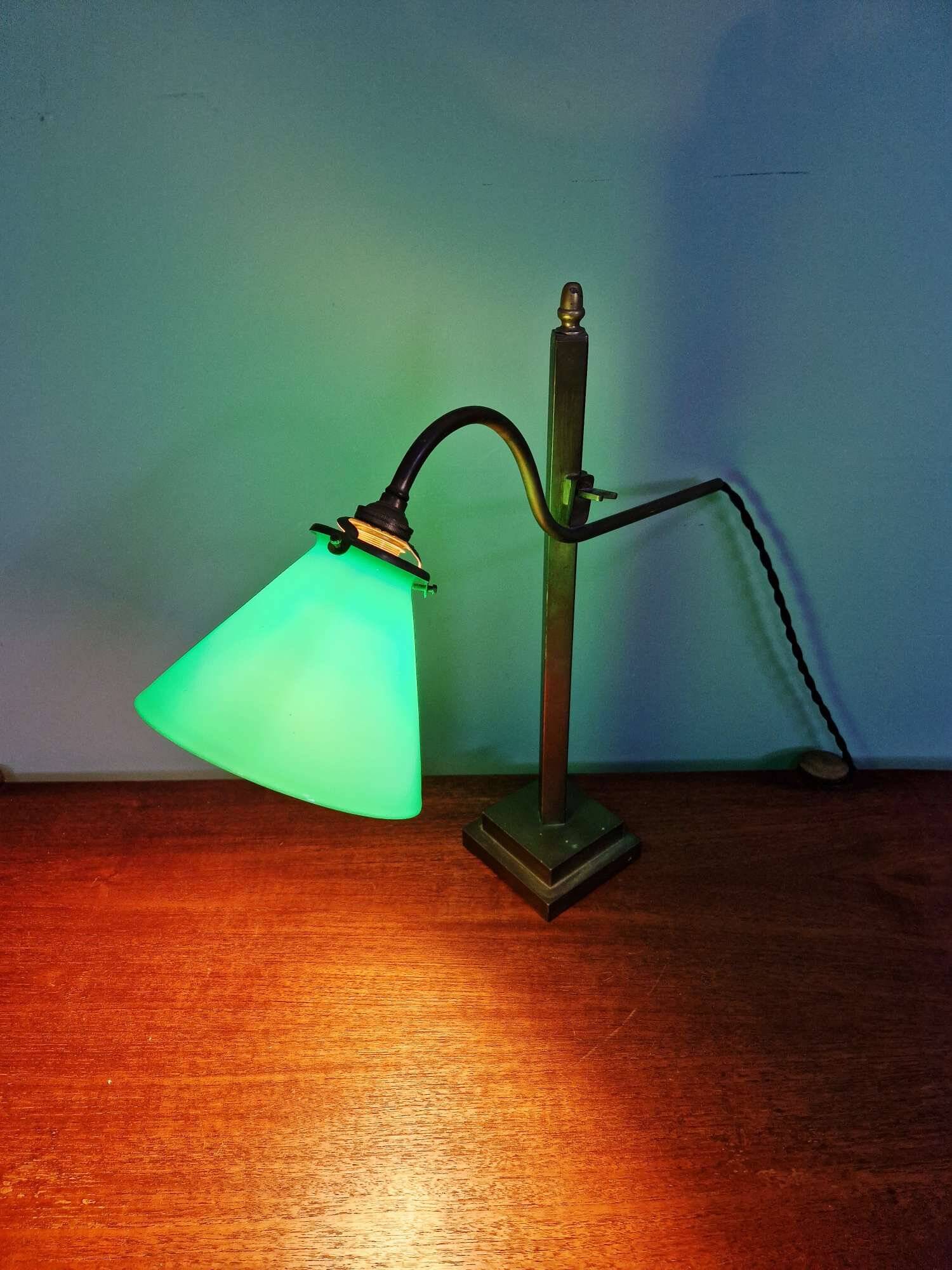 Bronze desk lamp with a green opaline conical shade, 1920.