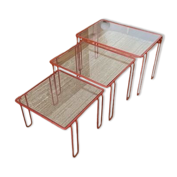 Tables Gigognes Rouges tubulaires, 1970s, Set de 3