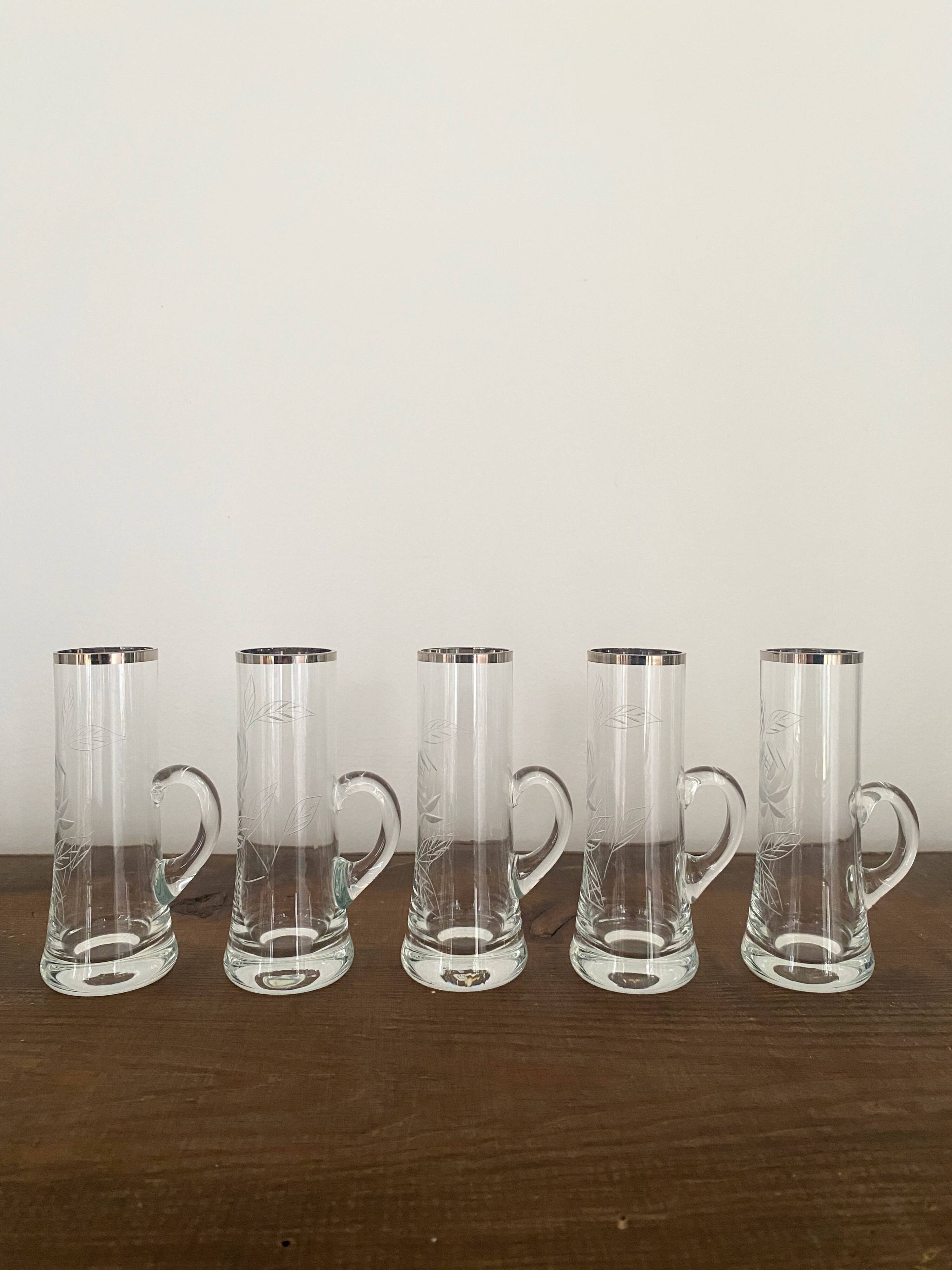 5 vintage shot, liqueur, digestive glasses, with transparent glass handle engraved with a rose