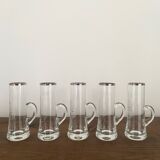 5 vintage shot, liqueur, digestive glasses, with transparent glass handle engraved with a rose
