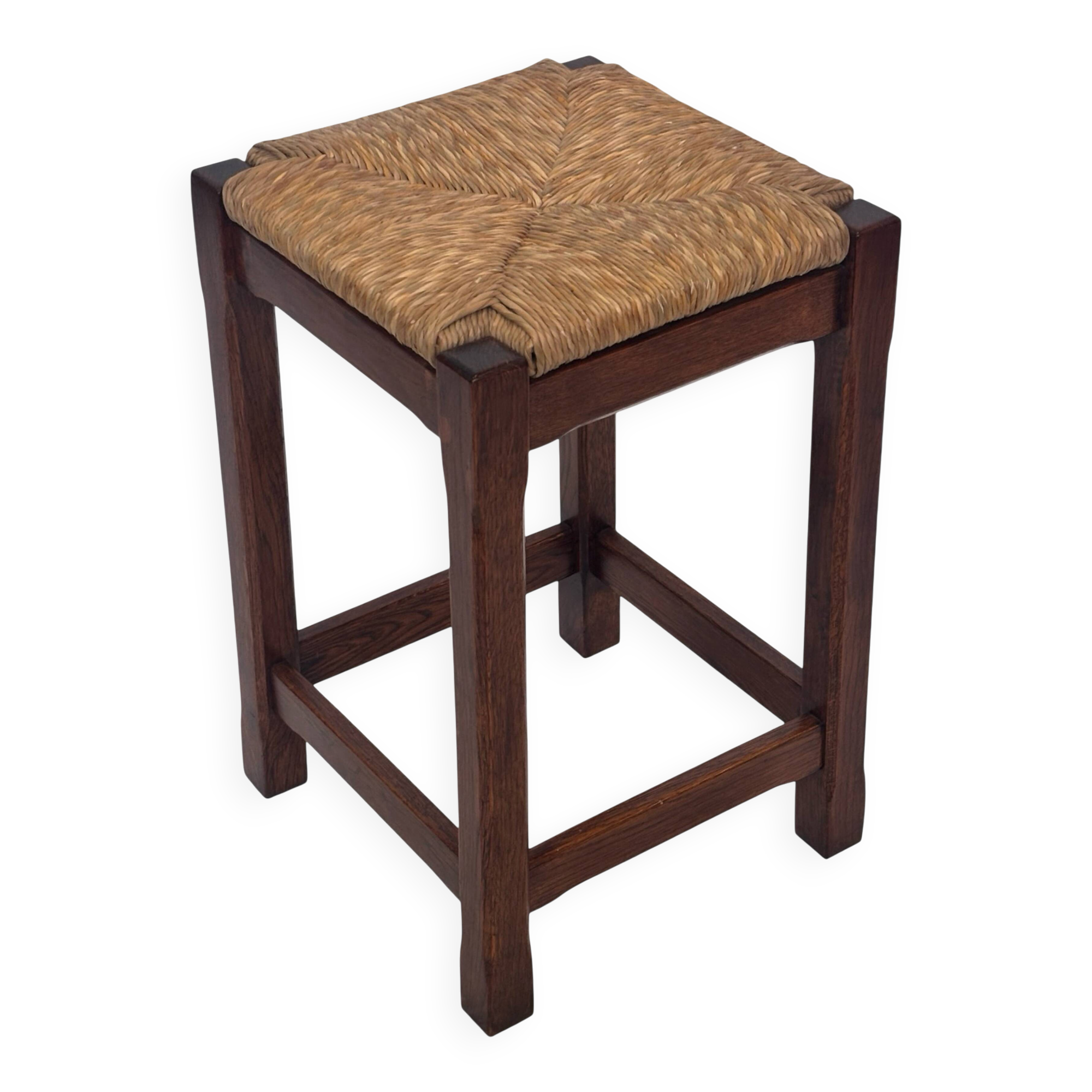Vintage rattan stool with oak, 60s wabi sabi design, minimalist