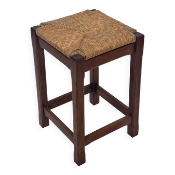 Tabouret minimaliste en chêne et paille wabi sabi, années 60