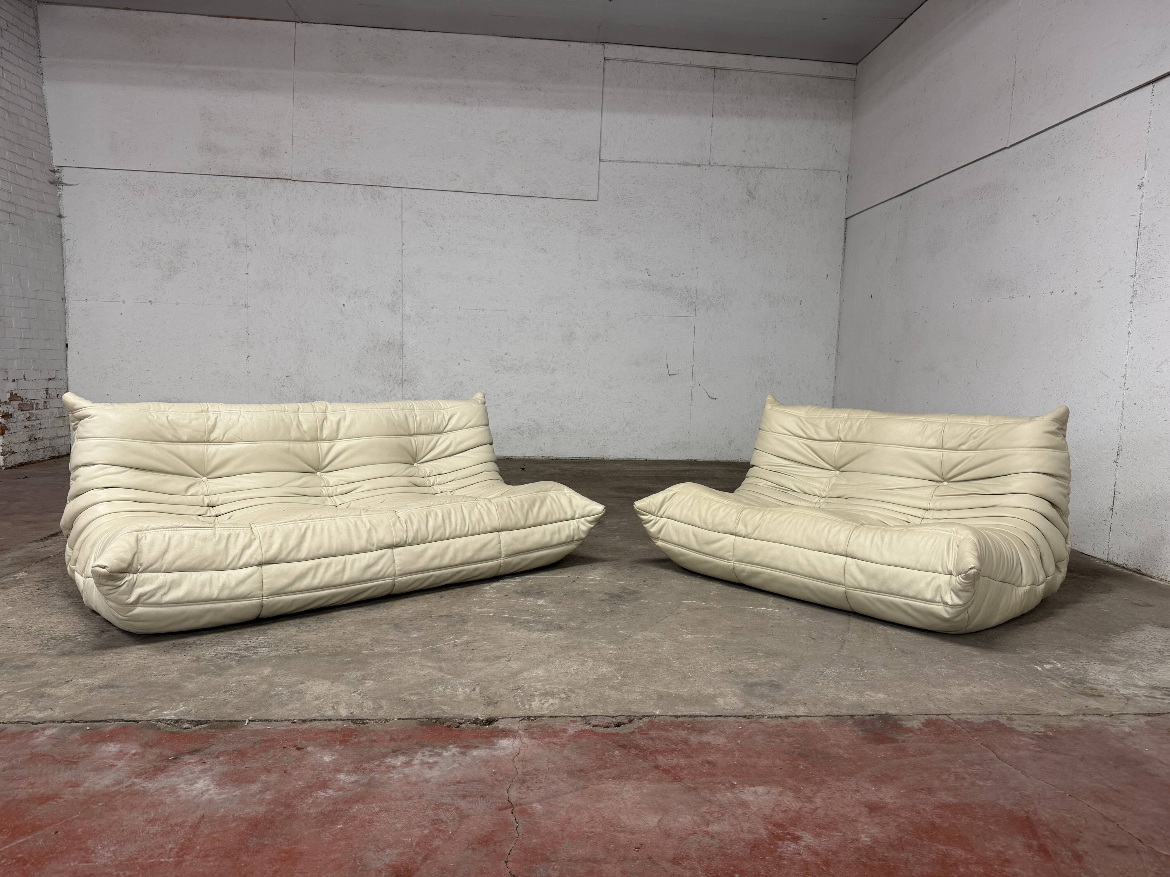 100% authentic Ligne Roset Togo 2-seater + 3-seater, original beige leather.