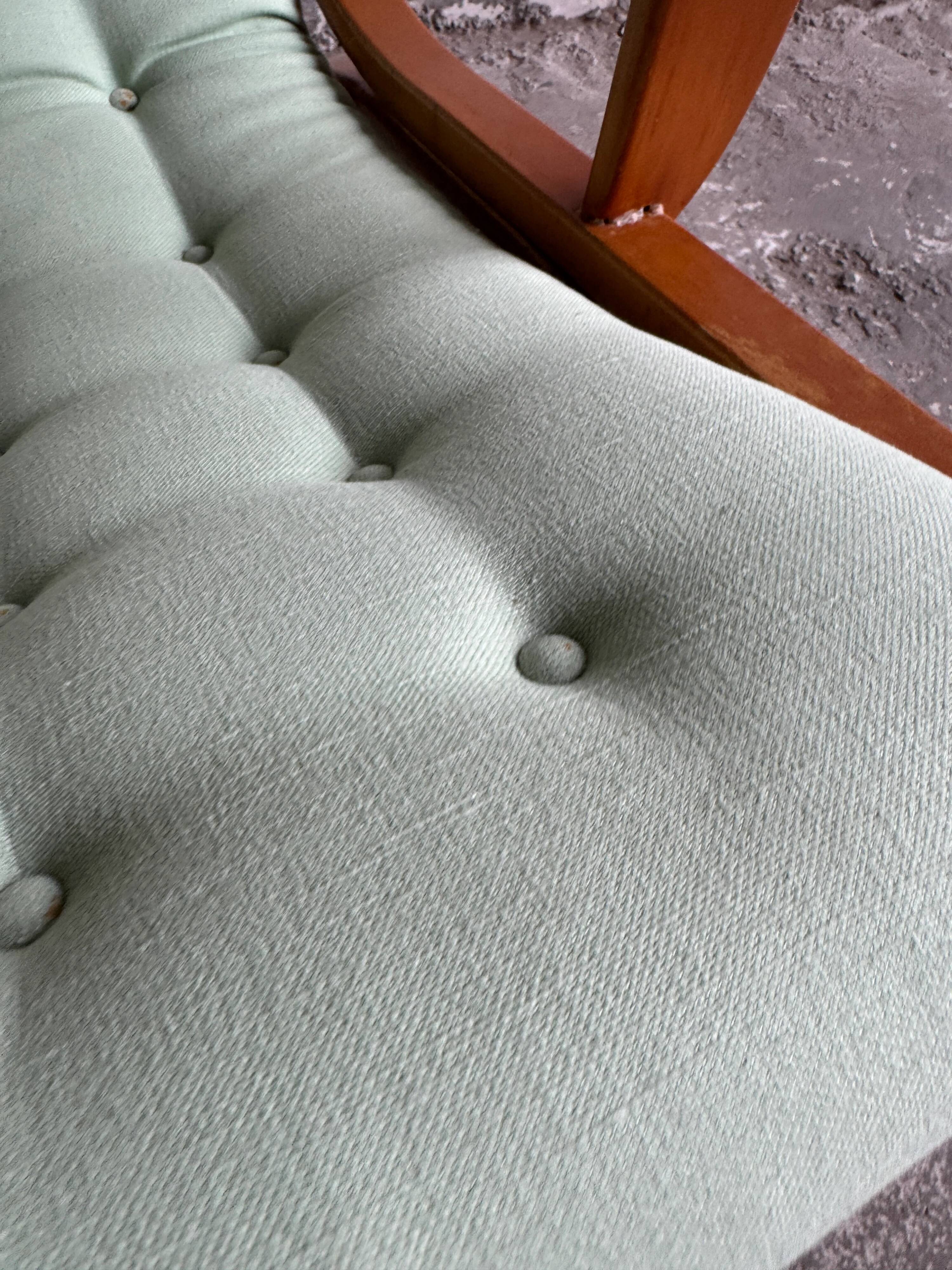 Set of 2 Vintage Mint Green Upholstered Lounge Chairs with Honey Wood Frames