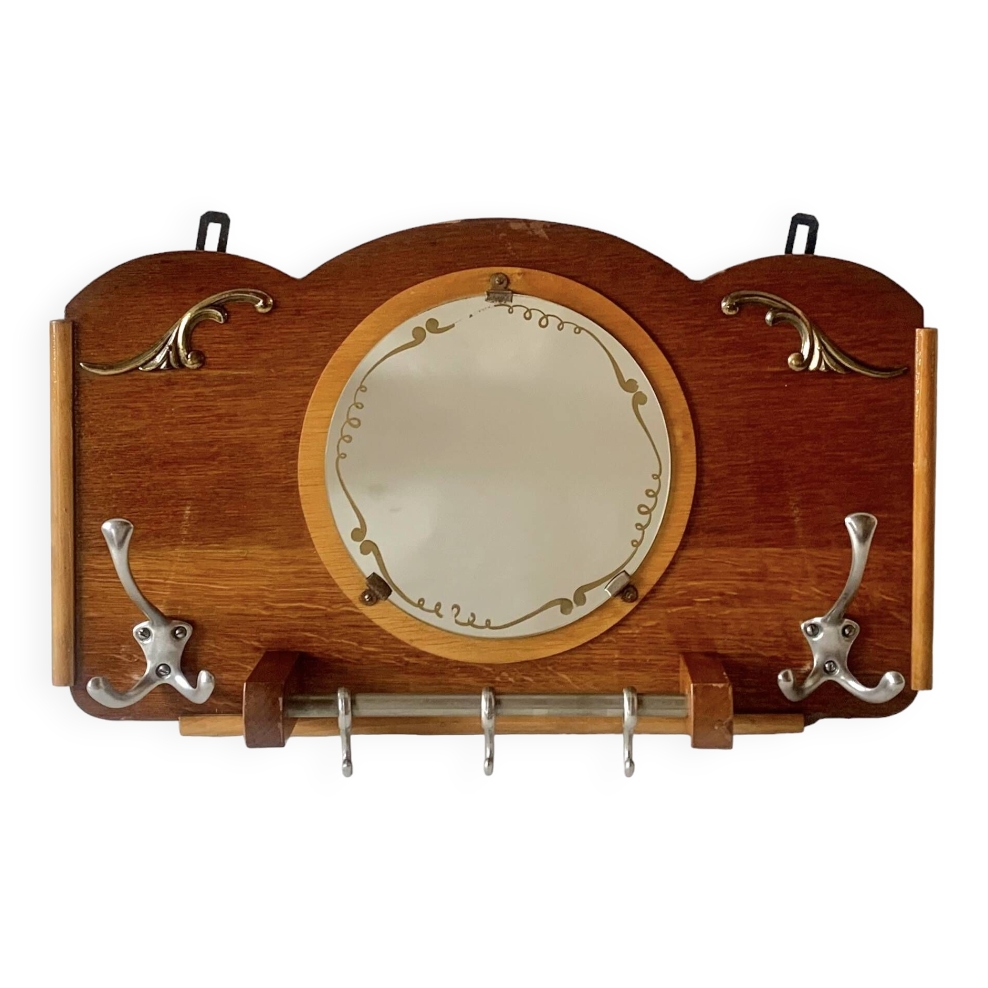 Art Deco wooden wall coat rack with round central mirror