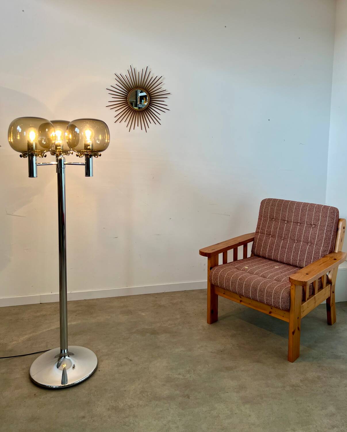 Old 3-light chrome and smoked glass floor lamp Italian design from the 70s vintage