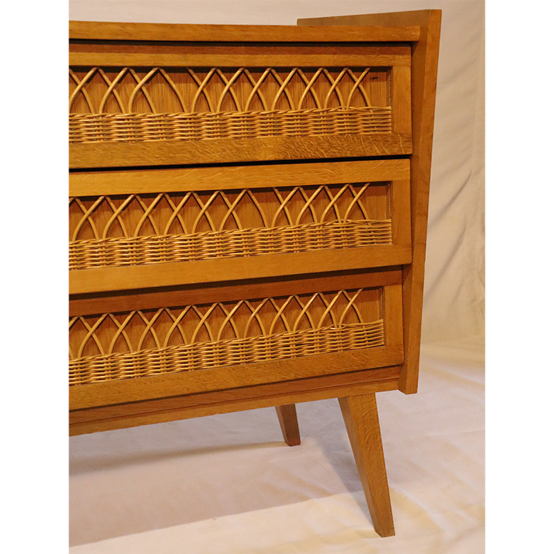 Commode vintage en bois et rotin 1960