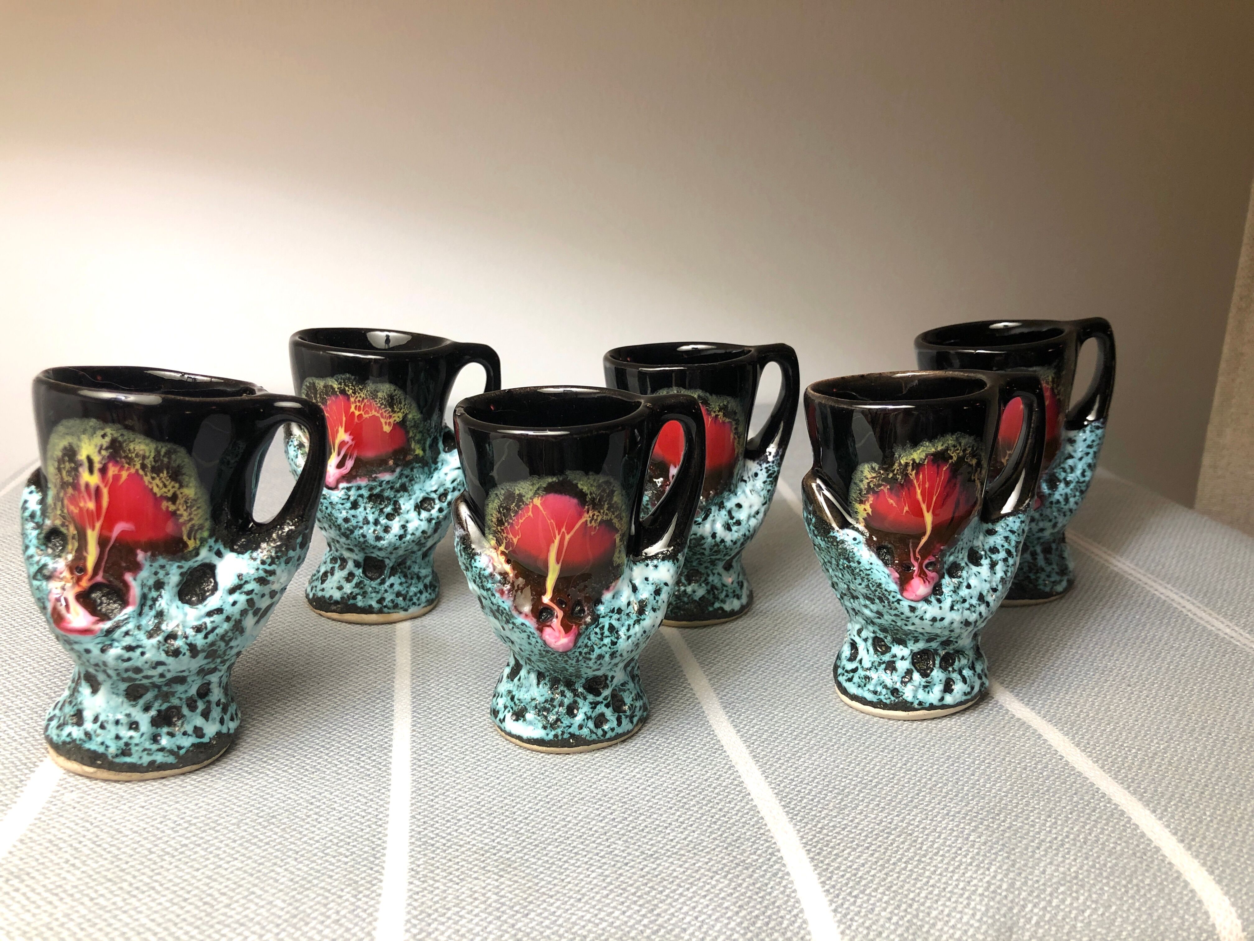 Old coquetiers signed Vallauris Turquoise and Red