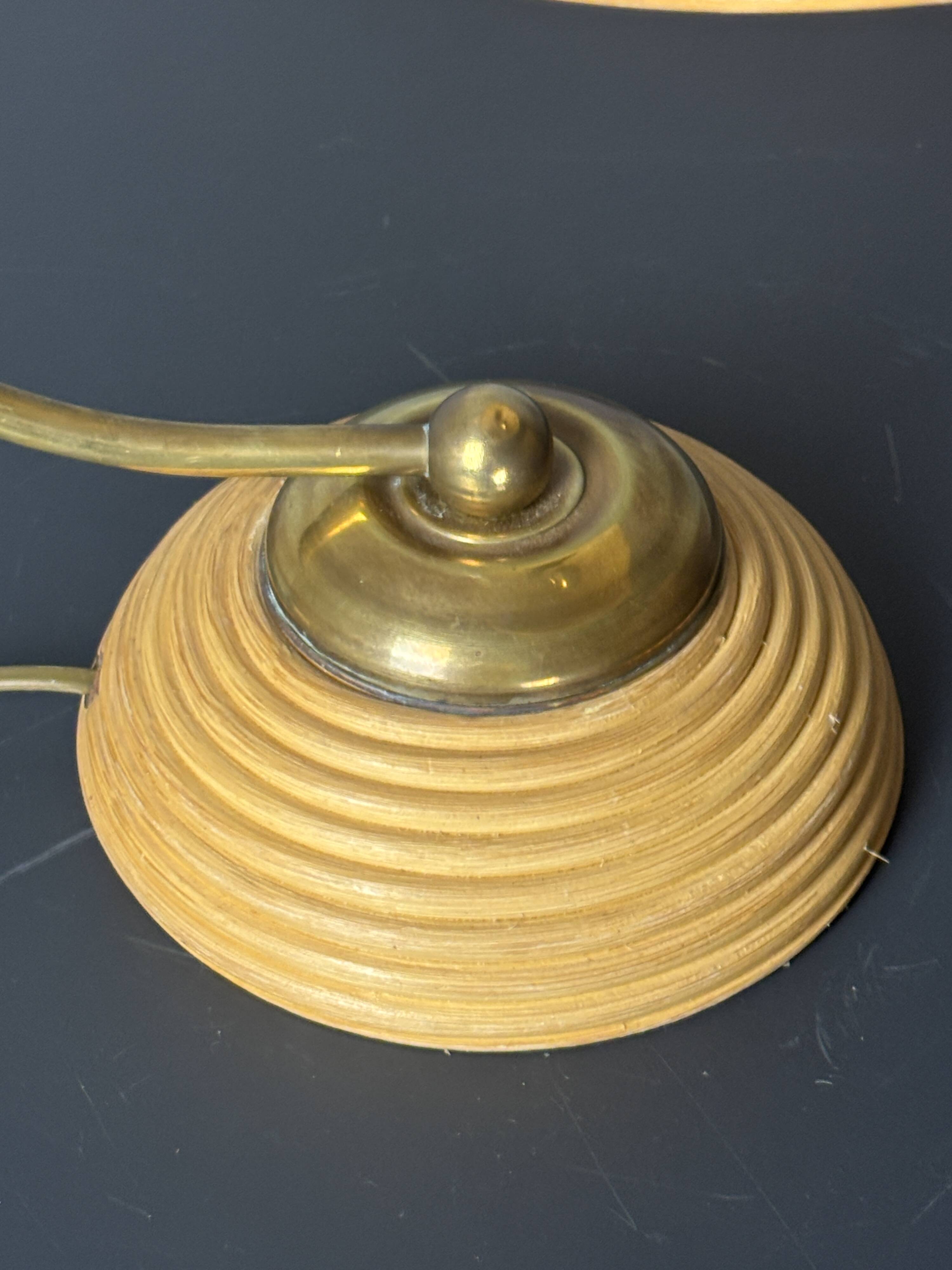 Midcentury pencil reed rattan bamboo and brass table lamp, Italy, 1970s