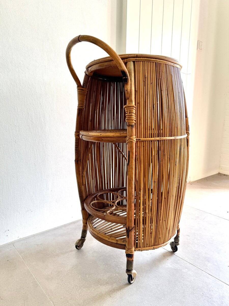 Vintage Bar Sports in bamboo and wicker bar cart, 1970s