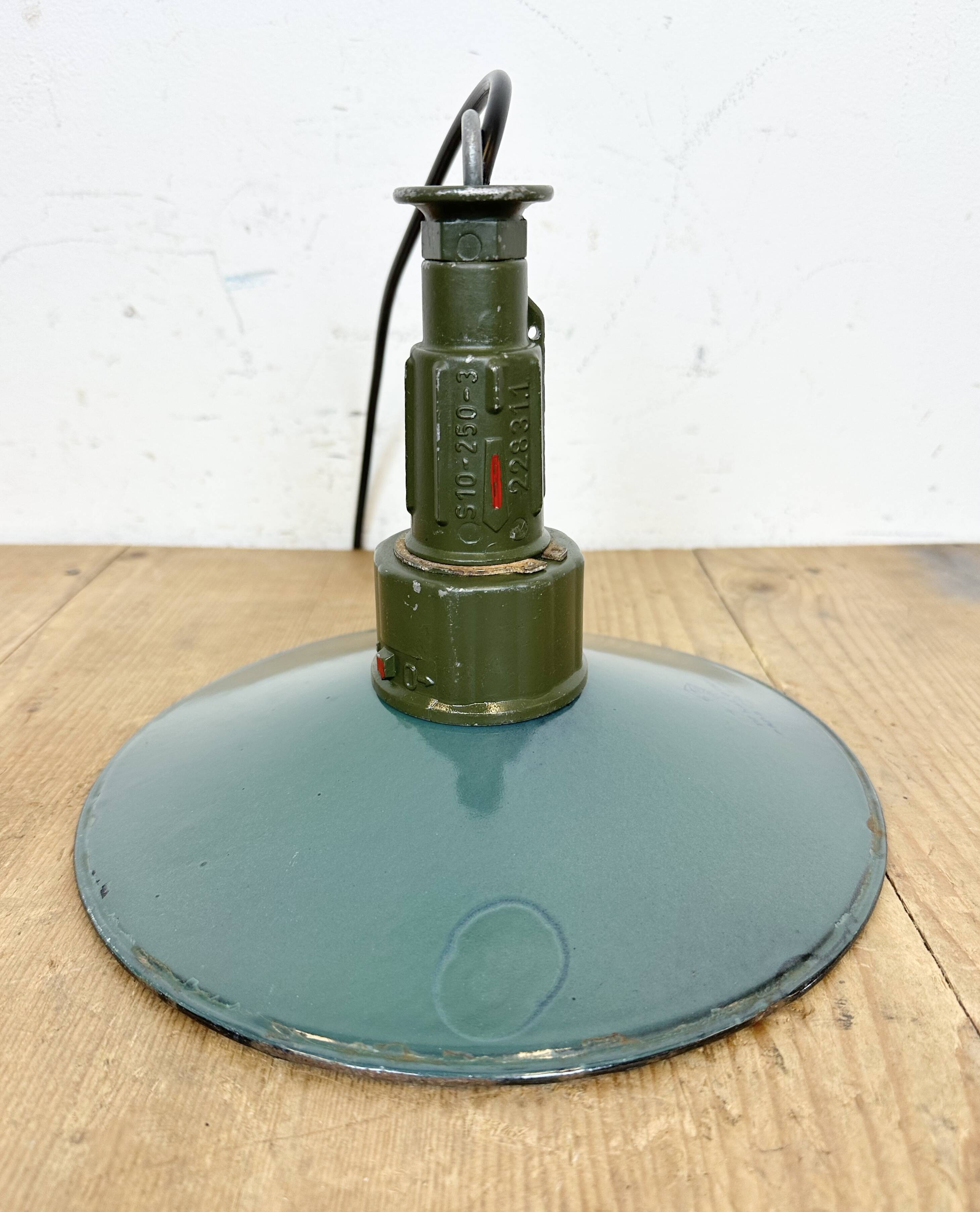 Industrial Petrol Enamel Military Pendant Lamp with Cast Aluminium Top, 1960s