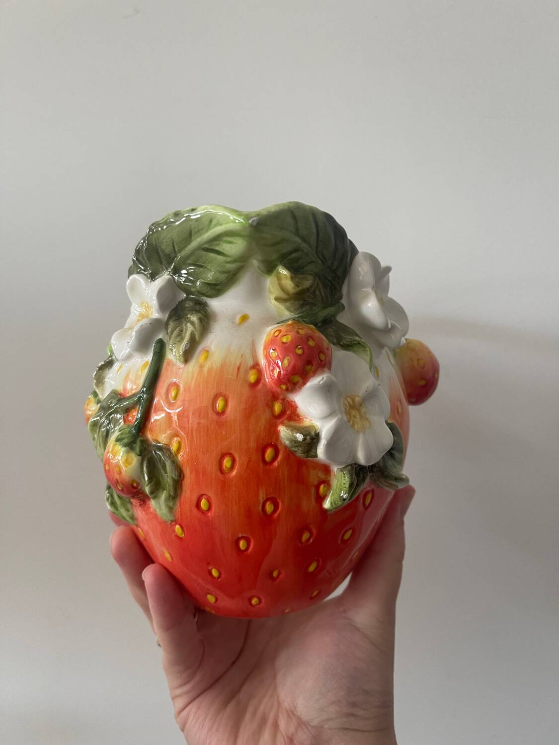 Strawberry shaped pitcher with vintage flowers ceramic pitcher in shape