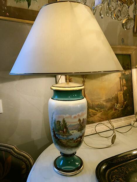 Large pair of 19th century polychrome porcelain vases decorated with landscapes, mounted as lamps