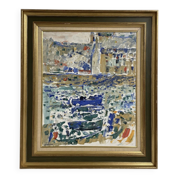 Émile Compard, huile abstraite sur toile, France vers les années 1950.