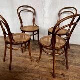 set of 4 bistro chairs in curved wood from the 1920s 1930s Canned seat