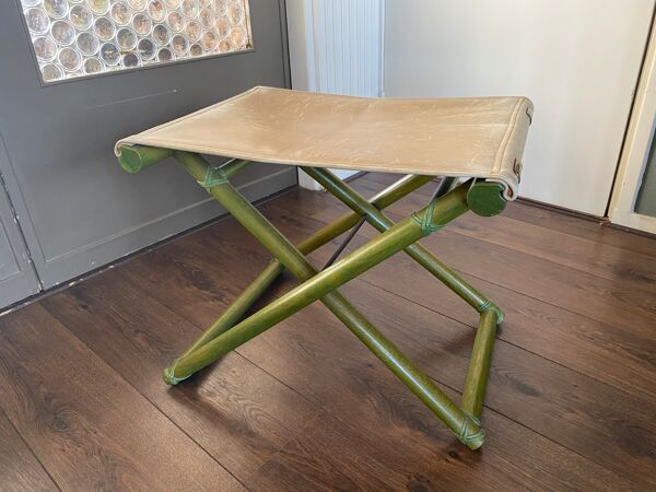 Tabouret pliable vintage Regency en hêtre italien et cuir