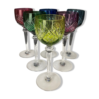 6 colored wine glasses in cut crystal from Saint Louis