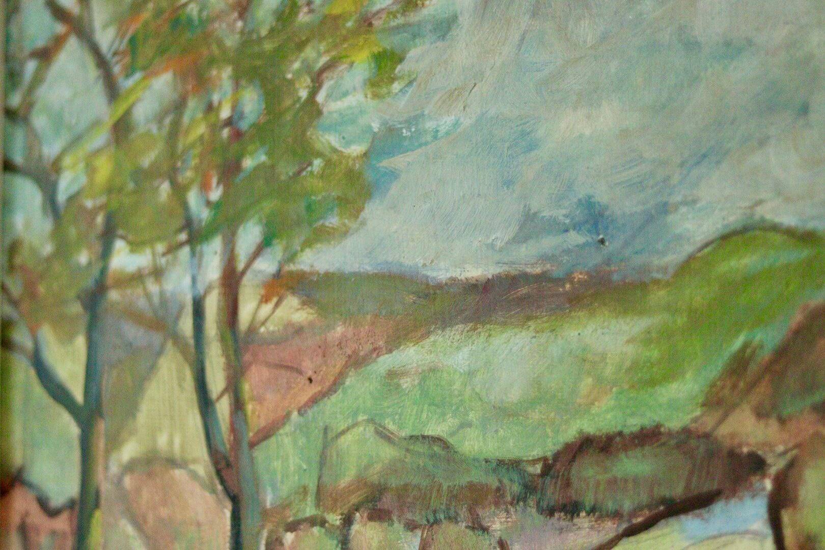 Huile sur panneau suédoise originale du milieu du siècle « Paysage avec arbres »