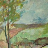 Huile sur panneau suédoise originale du milieu du siècle « Paysage avec arbres »