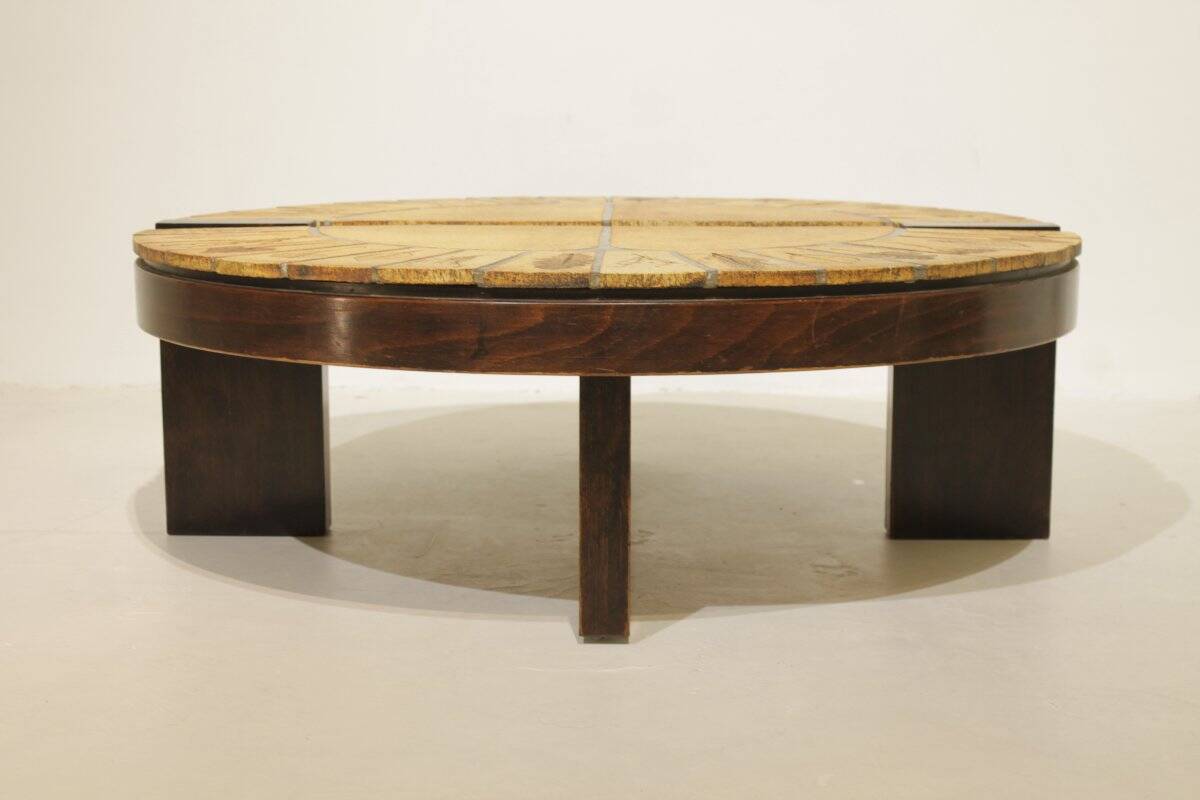 Round coffee table herbarium Roger Capron, Vallauris - ceramic and wooden structure