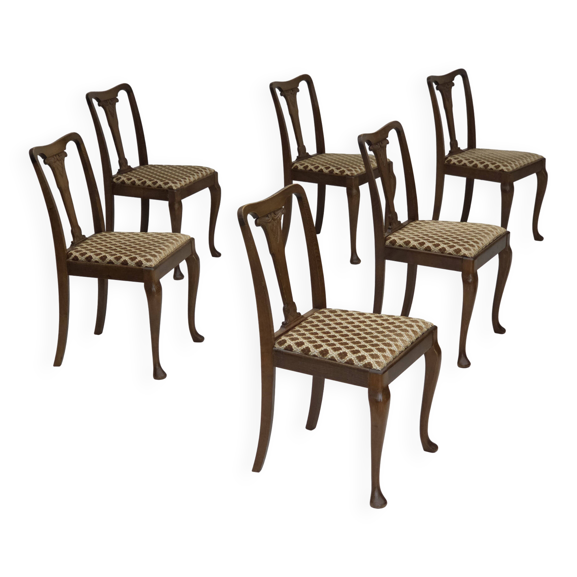 1930s, set of 6 Danish chairs, furniture velour, oak wood, reupholstered.