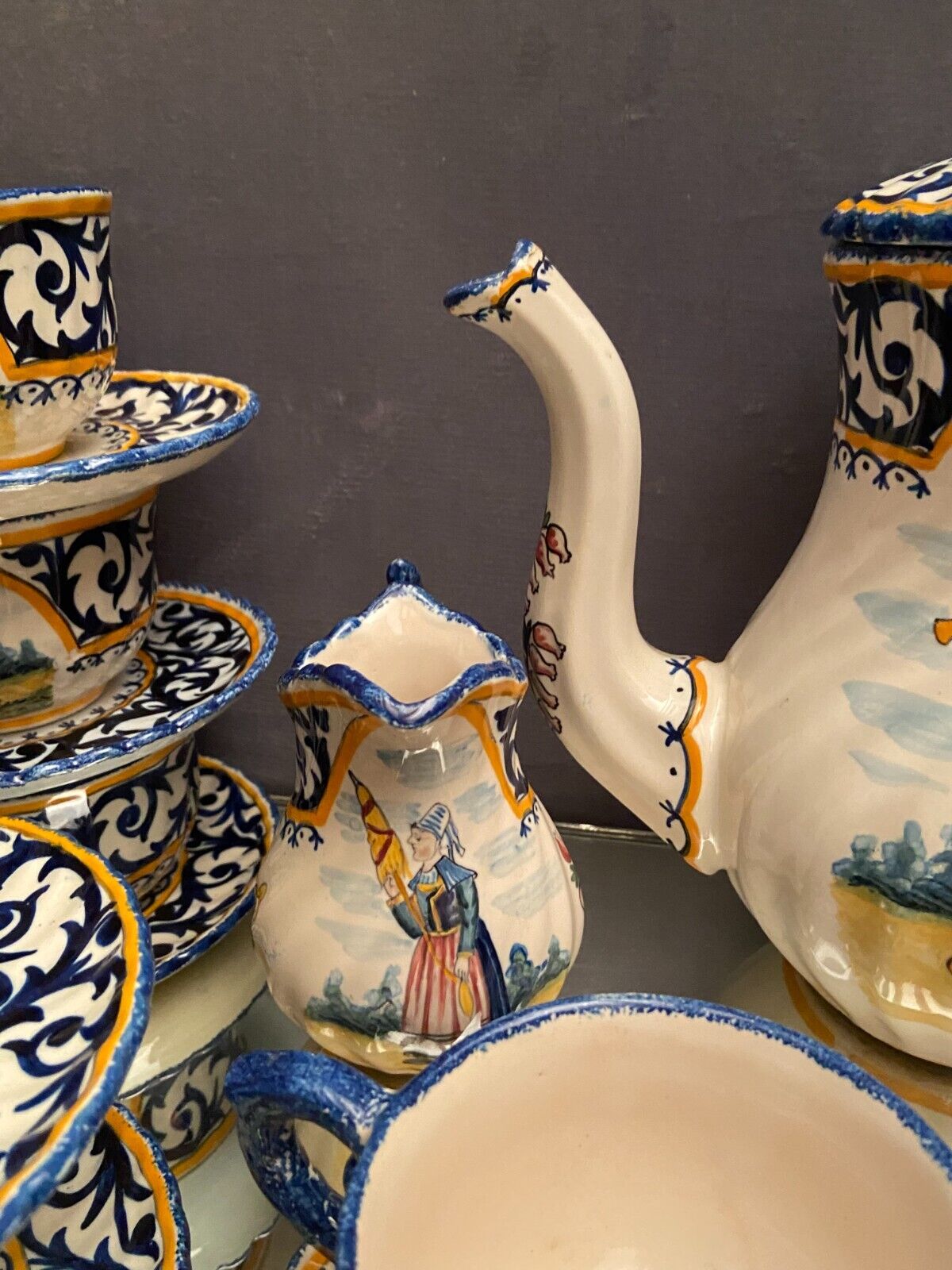 Tea service full coffee earthenware Quimper Henriot cups sugar bowl pot milk jar
