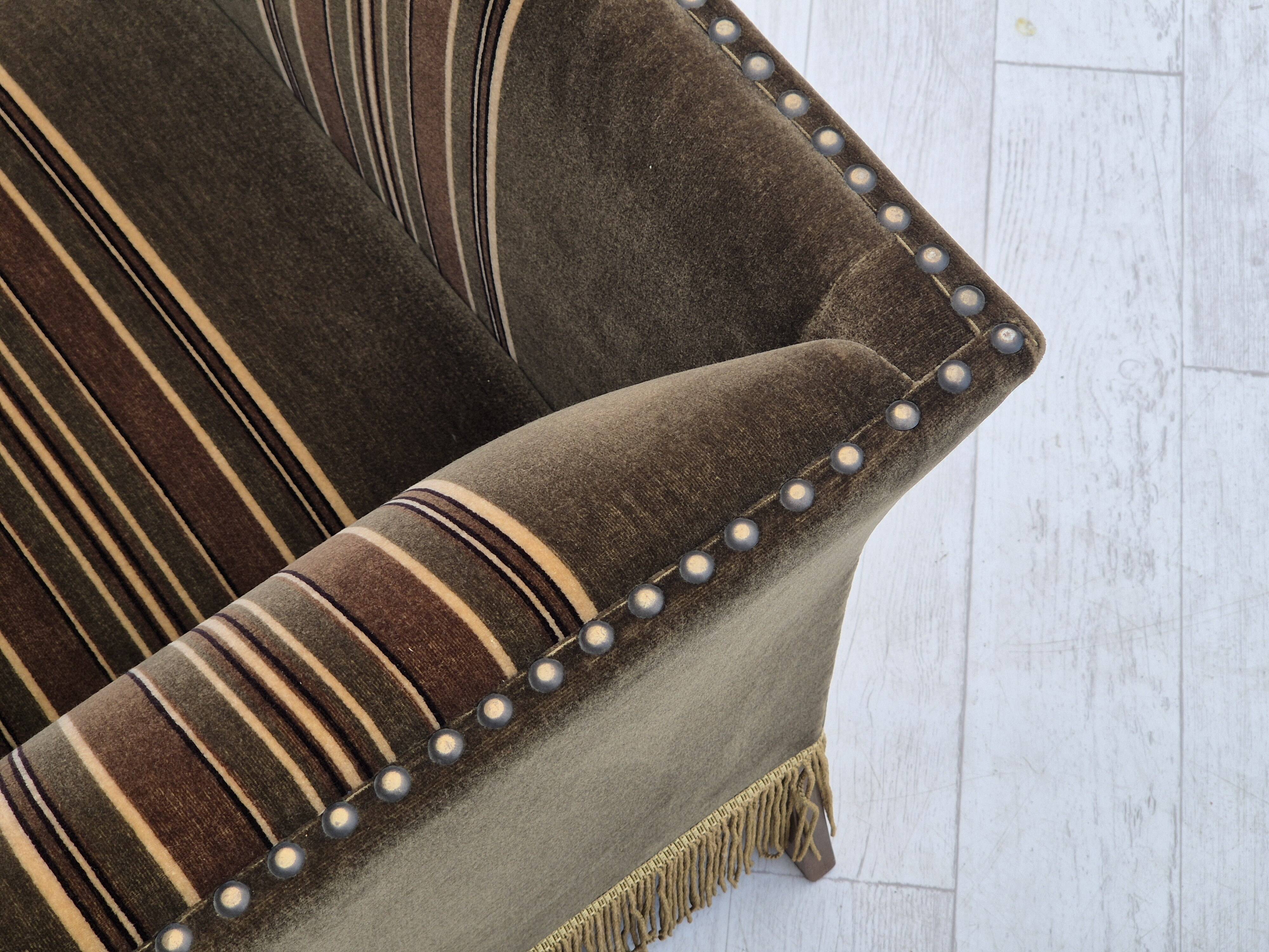 1970s, Danish 2 seater sofa, original condition, green velour, beech wood legs.