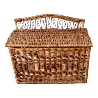 Antique rattan and wicker toy chest, bench, bed end