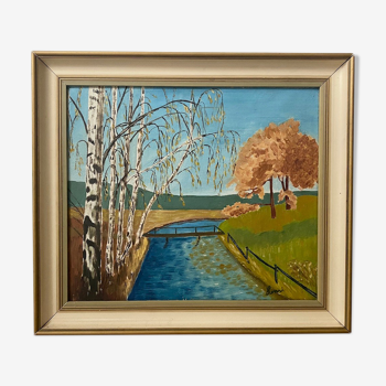 Mid Century Vintage Framed Oil Painting - By the Lake