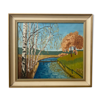 Peinture à l’huile encadrée vintage du milieu du siècle - Au bord du lac