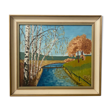 Mid Century Vintage Framed Oil Painting - By the Lake